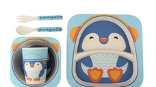 Set de masa din bambus pentru copii, fara BPA, 5 piese, pinguin