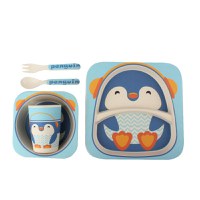 Set de masa din bambus pentru copii, fara BPA, 5 piese, pinguin - 1
