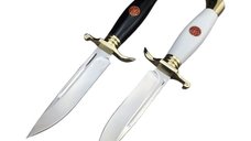 Set doua cutite de vanatoare, teaca din piele naturala, lama 440C, maner acrilic full tang, 26 cm, alb - negru