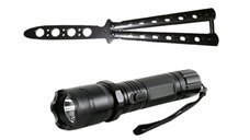 Set Electrosoc Lanterna tip Police 1000KV si Briceag fluture basic, 22 cm, argintiu