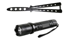 Set Electrosoc Lanterna tip Police 1000KV si Briceag fluture basic, 22 cm, argintiu
