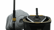 Set Mop Rotativ 7in1 Profesional FOtehniq GoldenHomeMop, 6 Lavete Microfibra Patrate + 1 Triunghi Maner Telescopic Negru