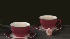Set servire ceai sau cafea, 12 piese, 6 persoane, portelan, AMBITION Aura Red