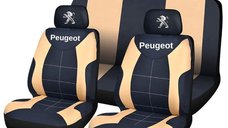 Set universal de huse pentru scaune Peugeot, negru si crem, cu logo pe tetiere