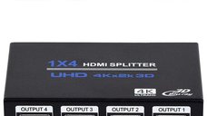 Splitter HDMI 1x4 4K cu Amplificator Staryon® 1 In 4 Out HDMI - HDMI 1.4b, Suport 3D, Alimentare 5V/2A, Negru