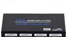 Splitter HDMI 1x4 4K cu Amplificator Staryon® 1 In 4 Out HDMI - HDMI 1.4b, Suport 3D, Alimentare 5V/2A, Negru