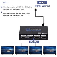 Splitter HDMI 1x4 4K cu Amplificator Staryon® 1 In 4 Out HDMI - HDMI 1.4b, Suport 3D, Alimentare 5V/2A, Negru - 3