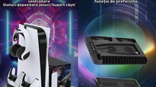 Stand PS5 si PS5 Slim cu incarcare duala controllere, iluminare RGB, suport casti, organizator DVD-uri, USB HUB, Clickzu