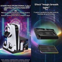 Stand PS5 si PS5 Slim cu incarcare duala controllere, iluminare RGB, suport casti, organizator DVD-uri, USB HUB, Clickzu - 1