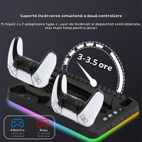 Stand PS5 si PS5 Slim cu incarcare duala controllere, iluminare RGB, suport casti, organizator DVD-uri, USB HUB, Clickzu - 6