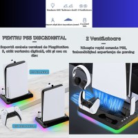 Stand PS5 si PS5 Slim cu incarcare duala controllere, iluminare RGB, suport casti, organizator DVD-uri, USB HUB, Clickzu - 4