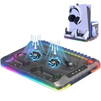 Stand PS5 si PS5 Slim cu incarcare duala controllere, iluminare RGB, suport casti, organizator DVD-uri, USB HUB, Clickzu - 2