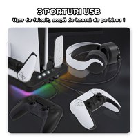 Stand PS5 si PS5 Slim cu incarcare duala controllere, iluminare RGB, suport casti, organizator DVD-uri, USB HUB, Clickzu - 3