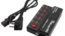 Statie de Incarcare 60W cu 10 Porturi Smart USB, Fast Charging, Universal, Negru - Negru