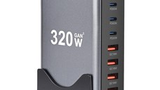Statie de Incarcare USB 320W GaN PRO 8 in 1, 4 USB-C & 4 USB-A, Staryon®, Negru