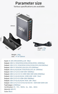 Statie de Incarcare USB 320W GaN PRO 8 in 1, 4 USB-C & 4 USB-A, Staryon®, Negru - 5