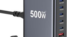 Statie de Incarcare USB 500W GaN PRO 8 in 1, 6 USB-C & 2 USB-A, Staryon®, Negru