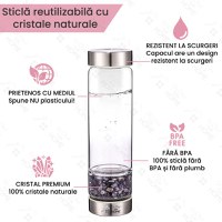 Sticla reutilizabila cu cristale naturale, GlowforHome, capac antiscurgeri, 500 ml, Husa Protectie, Black Obsidian - 7