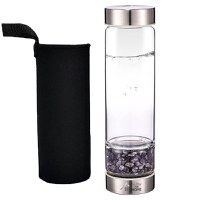 Sticla reutilizabila cu cristale naturale, GlowforHome, capac rezistent la scurgeri, 500 ml, Husa Protectie, Ametist - 1