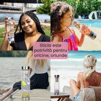 Sticla reutilizabila cu cristale naturale, GlowforHome, capac rezistent la scurgeri, 500 ml, Husa Protectie, Ametist - 7