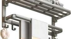Suport prosoape baie rabatabil Brivoo 40 cm, inox gri, 1 bara + 5 carlige, montaj cu ventuze, rezistent la rugina