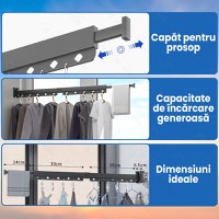 Suport retractabil si pliabil pentru umerase GlowforHome, 84 cm lungime maxima, 3 segmente, 18 carlige,  aluminiu, negru - 6