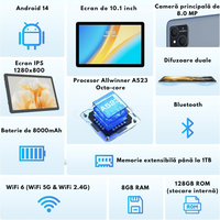 Tableta 2-in-1, de 10.1 inch, 8GB RAM (4+4GB Extensibil), 128GB ROM, Android 14, WiFi 5G & 2.4G,Procesor Octa-Core A523 - 10