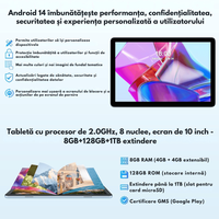 Tableta 2-in-1, de 10.1 inch, 8GB RAM (4+4GB Extensibil), 128GB ROM, Android 14, WiFi 5G & 2.4G,Procesor Octa-Core A523 - 1