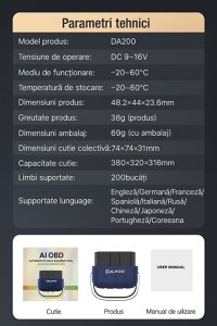 Tester Diagnoza Auto OBD2 Techstar DA200 cu Aplicatie AI, Resetare Coduri Eroare, Date in Timp Real, Compatibil - 12