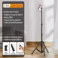Trepied Telescopic, Pentru Telefon/Camera Foto, Telecomanda Bluetooth, Rotire 360°, H68-210cm, Husa, Aluminiu, OBRALIX® - 5