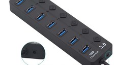 USB Hub Techstar® HB7, 3.0 High Speed, 7 Port USB 3.0, Buton On/Off, Conexiune USB 3.0 de mare viteza