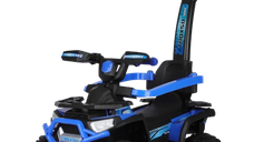 ATV electric cu maner 3 in 1, Kinderauto Warrior, pentru copii 1-3 ani, 30W 6V, roti moi, scaun tapitat, parasolar, echipare Premium, albastru