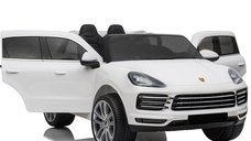 Masinuta electrica pentru 2 copii, Porsche Cayenne XXL, cu roti moi si scaun tapitat, 180W, 12V,  alba