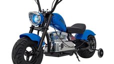 Motocicleta pentru copii intre 5 si 9 ani, Kinderauto Old School, 300W, 24V, cu roti gonflabile, scaun tapitat, premium, albastru
