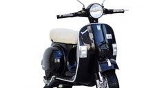 Scuter electric pentru copii Piaggio PX150, 70W, 12V, roti moi si scaun tapitat, echipare Premium, negru