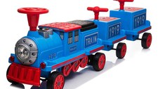 Trenulet electric cu 2 vagone suplimentare pentru 4 copii SX1919, baterie 12V 14Ah, putere 180W, roti moi, music player, albastru