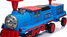 Trenulet electric cu vagon extra pentru 3 copii, model SX1919, 12V, 180W, roti moi, music player, albastru