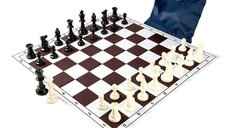 Combo set cu piese sah din plastic Staunton 6 light cu tabla PVC si geanta piese