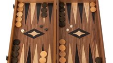 Set joc table backgammon cu tabla de sah la exterior,   lemn de nuc si stejar inlaid ,   47,5 x 50 cm