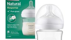 Biberon din sticla Philips Avent Natural Response SCY930/01, 120 ml, Debit 2, Tetina fara scurgeri, +0 luni, Fara BPA (Alb/Transparent)