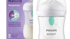 Biberon Philips Avent Natural Response SCY673/01, Dispozitiv anticolici AirFree, 260 ml, Debit 3, Tetina fara scurgeri, +1 luni, Fara BPA (Alb/Transparent)