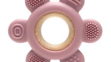 Jucarie de dentitie Lorelli Flower, din silicon si lemn de fag, 0 luni+,  Roz