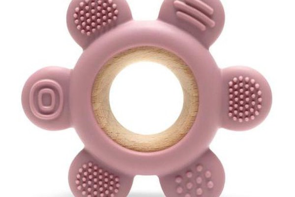 Jucarie de dentitie Lorelli Flower, din silicon si lemn de fag, 0 luni+,  Roz