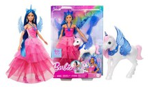Papusa Barbie, Mattle, Model unicorn cu aripi, rochie roz ombre, set cu accesorii, +3ani