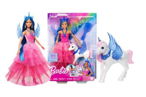 Papusa Barbie, Mattle, Model unicorn cu aripi, rochie roz ombre, set cu accesorii, +3ani