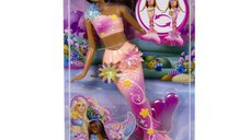 Papusa Sirena Barbie Floarea Magica cu Par Brunet si Coada Roz