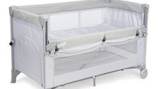 Patut pliant voiaj pentru bebelusi si copii Juju Dreamy Cloud, 2 nivele, portabil, 125x65 cm, etaj intermediar nou-nascuti, laterala culisanta, salteluta, buzunar lateral, geanta transport, Gri