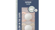 Set 2 suzete BIBS Supreme Fosforescente GLOW din Silicon, tetina simetrica, 6 luni+