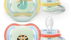 Set 2 suzete Philips Avent Ultra Air SCF376/24, 0-6 luni, ortodontice, fara BPA, cu orificii de aerisire si capac fosforescent