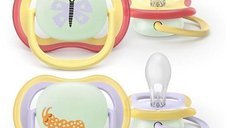 Set 2 suzete Philips Avent Ultra Air SCF376/25 pentru bebelusi, ortodontice si respirabile, 0-6 luni, cu buton fosforescent